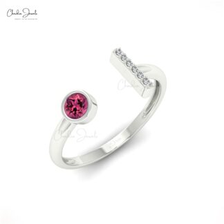 Natural Pink Tourmaline Open Cuff Ring With 0.17 Ct Gemstone And Dimond 14k Gold Jewelry
