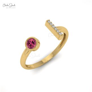 Natural Pink Tourmaline Open Cuff Ring With 0.17 Ct Gemstone And Dimond 14k Gold Jewelry