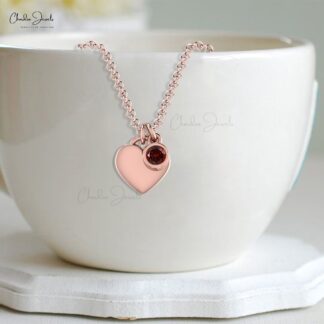 Natural Garnet Heart Charm Necklace In 14k Solid Gold