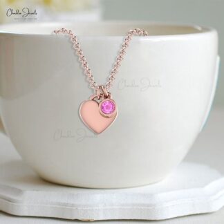 Heart Shaped Propsal Charm In Real 14k Gold Pink Sapphire 0.17 Ct Gemstone Necklace