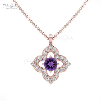 Gemstone Floral Pendant With 3mm Round Amethyst And Diamond Necklace in 14k Real Gold