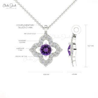 Gemstone Floral Pendant With 3mm Round Amethyst And Diamond Necklace in 14k Real Gold