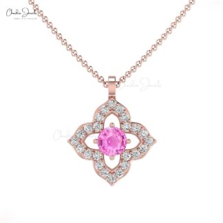 Genuine 0.17 Ct Pink Sapphire Flower Pendant In Solid 14k Gold Diamond Minimal Pendants