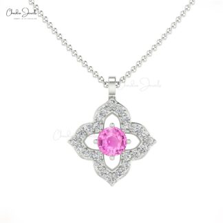 Genuine 0.17 Ct Pink Sapphire Flower Pendant In Solid 14k Gold Diamond Minimal Pendants