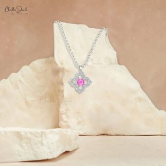 Genuine 0.17 Ct Pink Sapphire Flower Pendant In Solid 14k Gold Diamond Minimal Pendants