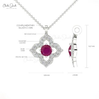Genuine Round Cut Ruby 0.10Ct Floral Pendant 14k Solid Gold White Diamond Pendant Necklace