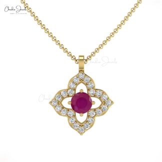 Genuine Round Cut Ruby 0.10Ct Floral Pendant 14k Solid Gold White Diamond Pendant Necklace