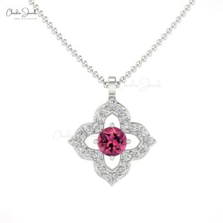 High Quality 14K Gold Pink Tourmaline & Round diamond Pendant Necklace