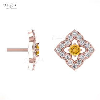 Genuine Floral Diamond Studs Earring 14k Real Gold 0.06ct Citrine Gemstone Small Earrings