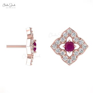 High Class Ruby Stud Earrings with Diamond in 14K Gold