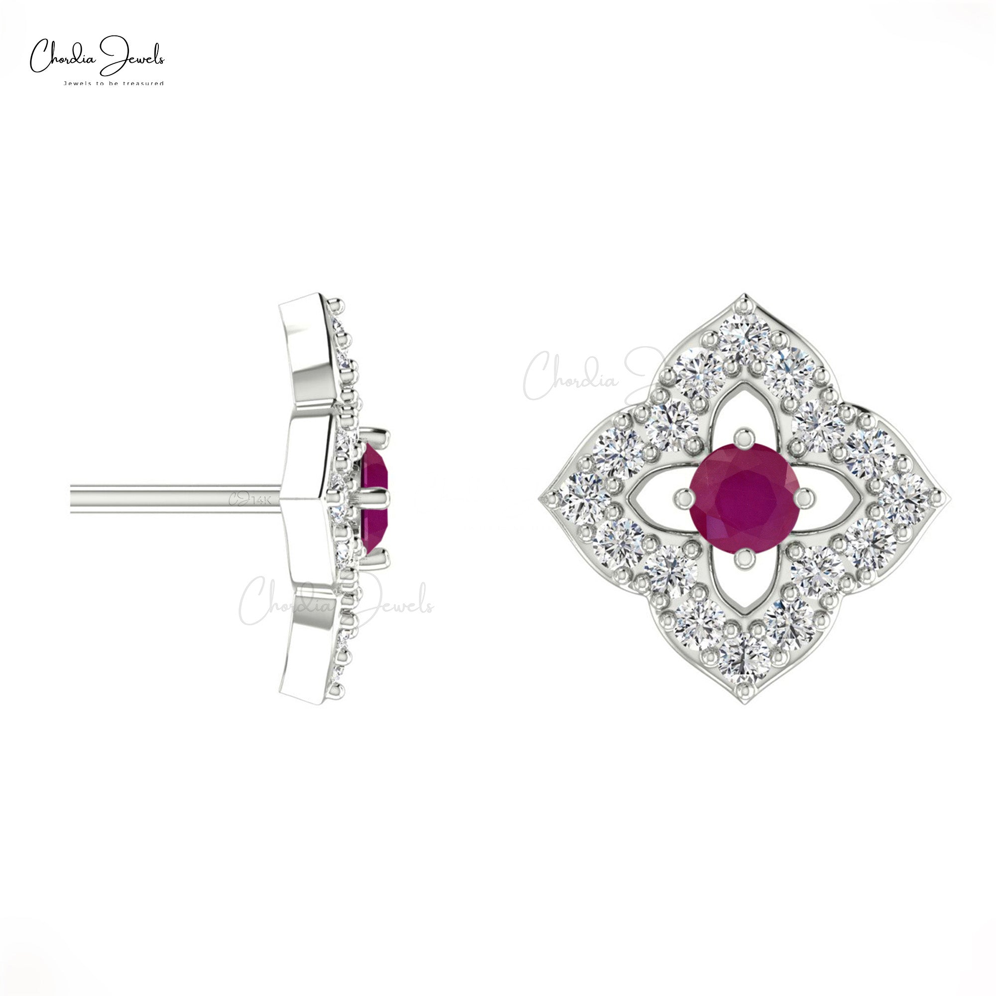 High Class Ruby Stud Earrings with Diamond in 14K Gold