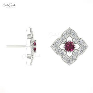 High Quality 14K Gold Rhodolite Garnet & Round Diamond Stud Earring in Prong Set