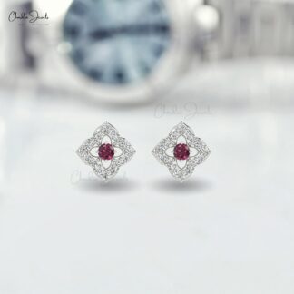 High Quality 14K Gold Rhodolite Garnet & Round Diamond Stud Earring in Prong Set