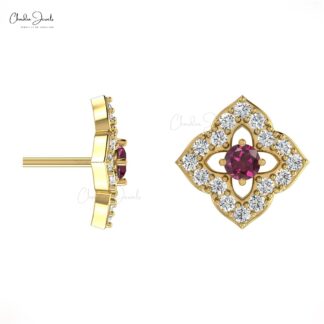 High Quality 14K Gold Rhodolite Garnet & Round Diamond Stud Earring in Prong Set