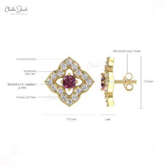 High Quality 14K Gold Rhodolite Garnet & Round Diamond Stud Earring in Prong Set