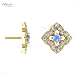 Genuine 14K Gold Rainbow Moonstone & Round Diamond Stud Earrings For Woman