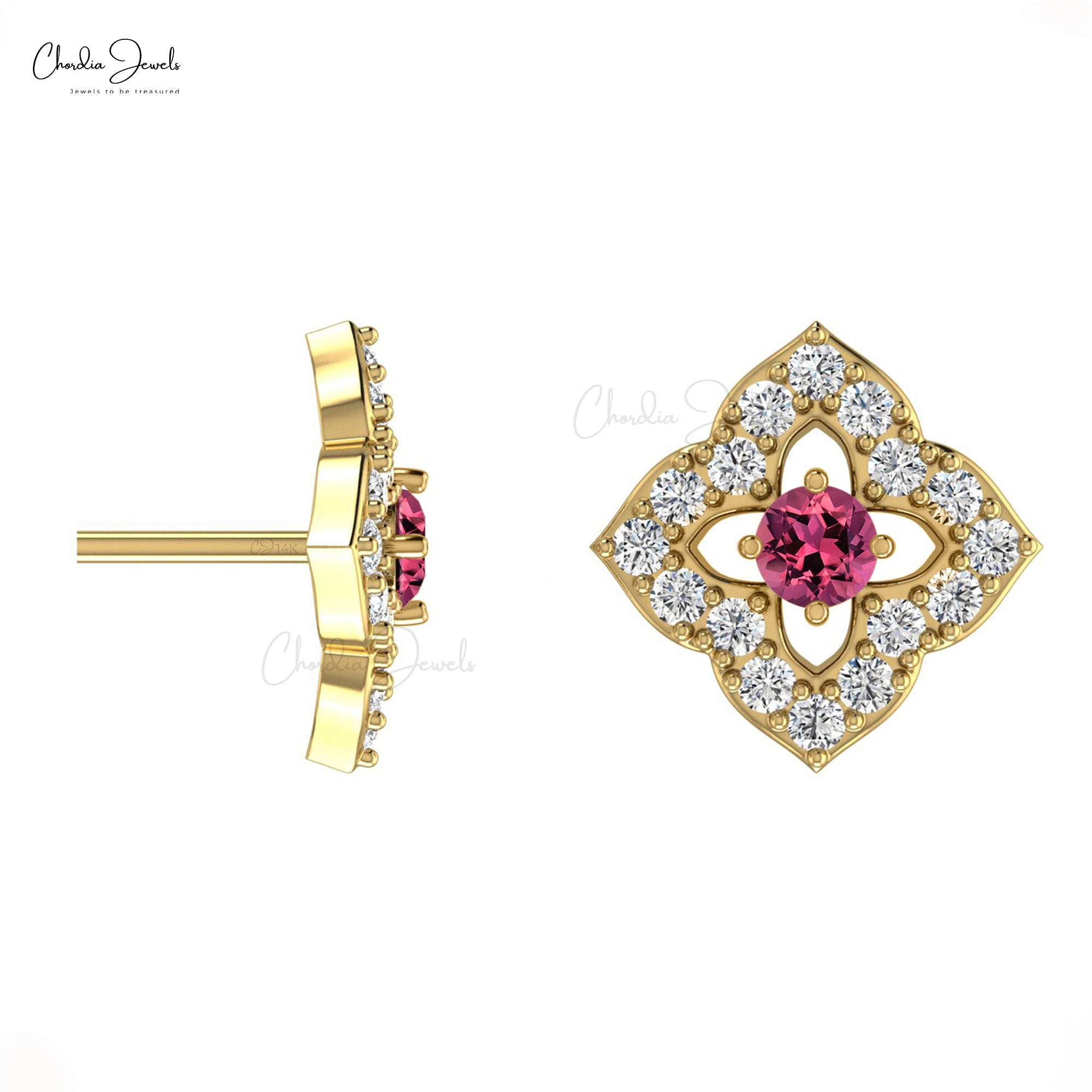 Natural Pink Tourmaline Floral Studs 2mm Round Cut Gemstone Minimal Earrings 14k Real Gold Diamond Summer Jewelry For Anniversary Gift