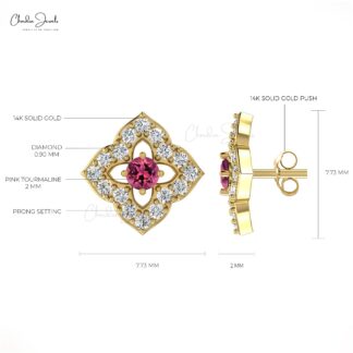 Natural Pink Tourmaline Floral Studs 2mm Round Cut Gemstone Minimal Earrings 14k Real Gold Diamond Summer Jewelry For Anniversary Gift
