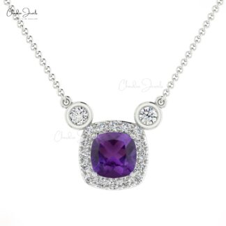 Halo Diamond Unique Necklace in 14k Solid Gold Amethyst Chain Necklace For Bridal