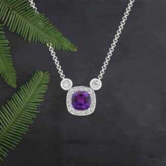 Halo Diamond Unique Necklace in 14k Solid Gold Amethyst Chain Necklace For Bridal