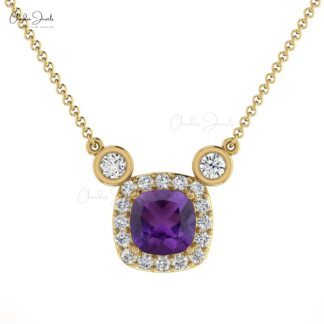 Halo Diamond Unique Necklace in 14k Solid Gold Amethyst Chain Necklace For Bridal