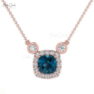 Halo Diamond Chain Necklace In 14k Solid Gold London Blue Topaz Gemstone Necklaces
