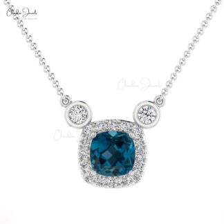 Halo Diamond Chain Necklace In 14k Solid Gold London Blue Topaz Gemstone Necklaces