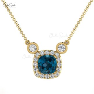 Halo Diamond Chain Necklace In 14k Solid Gold London Blue Topaz Gemstone Necklaces