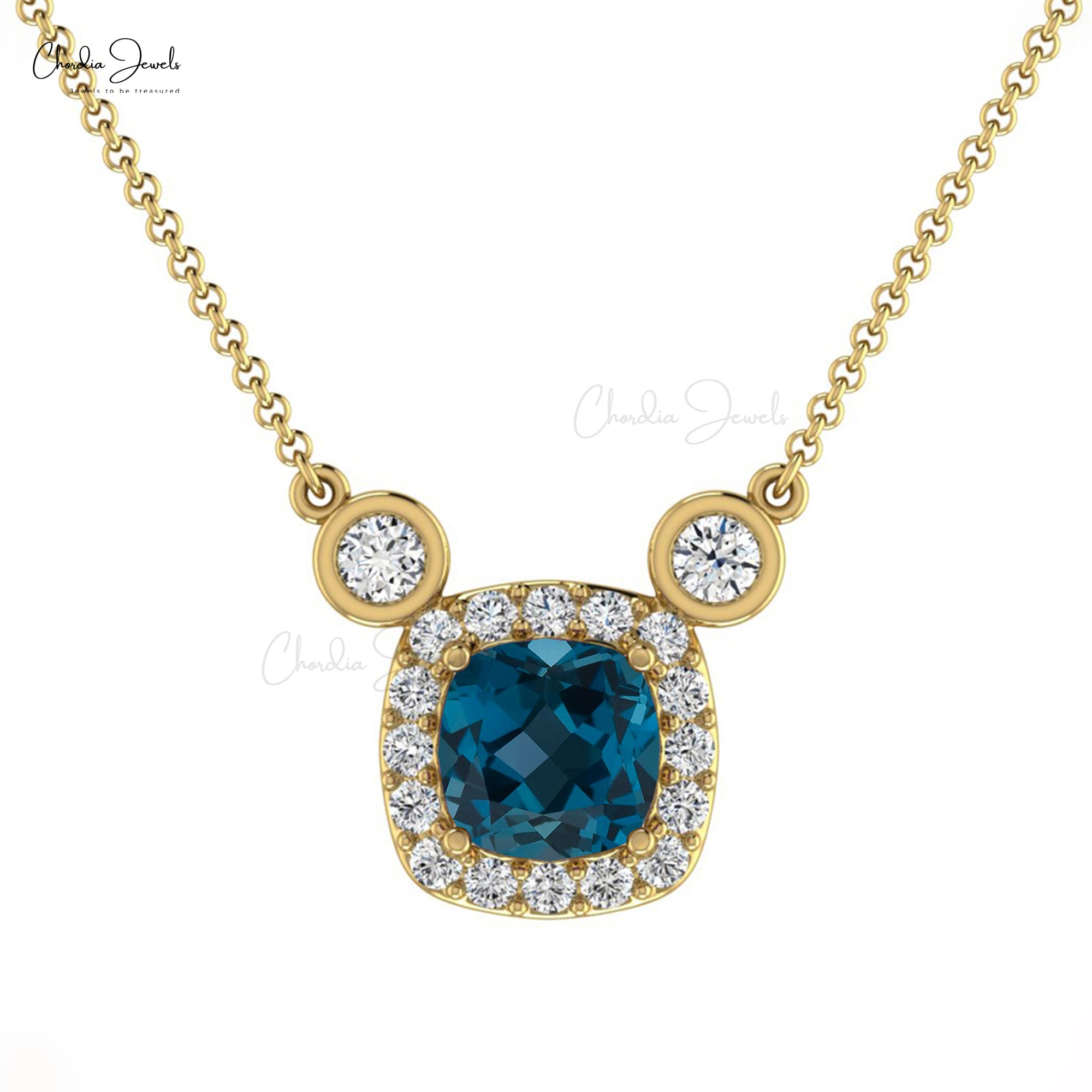 Halo Diamond Chain Necklace In 14k Solid Gold London Blue Topaz Gemstone Necklaces
