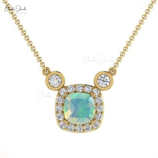 Halo Wedding Necklace In 14k Real Gold Fire Opal 0.20 Ct Gemstone And Diamond Jewelry