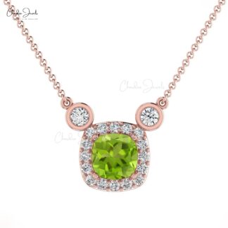 Natural Peridot Halo Necklace With 4mm Gemstone And Diamond 14k Real Gold Jewelry