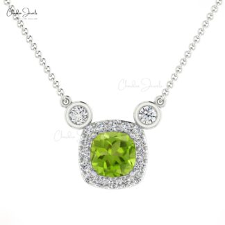 Natural Peridot Halo Necklace With 4mm Gemstone And Diamond 14k Real Gold Jewelry