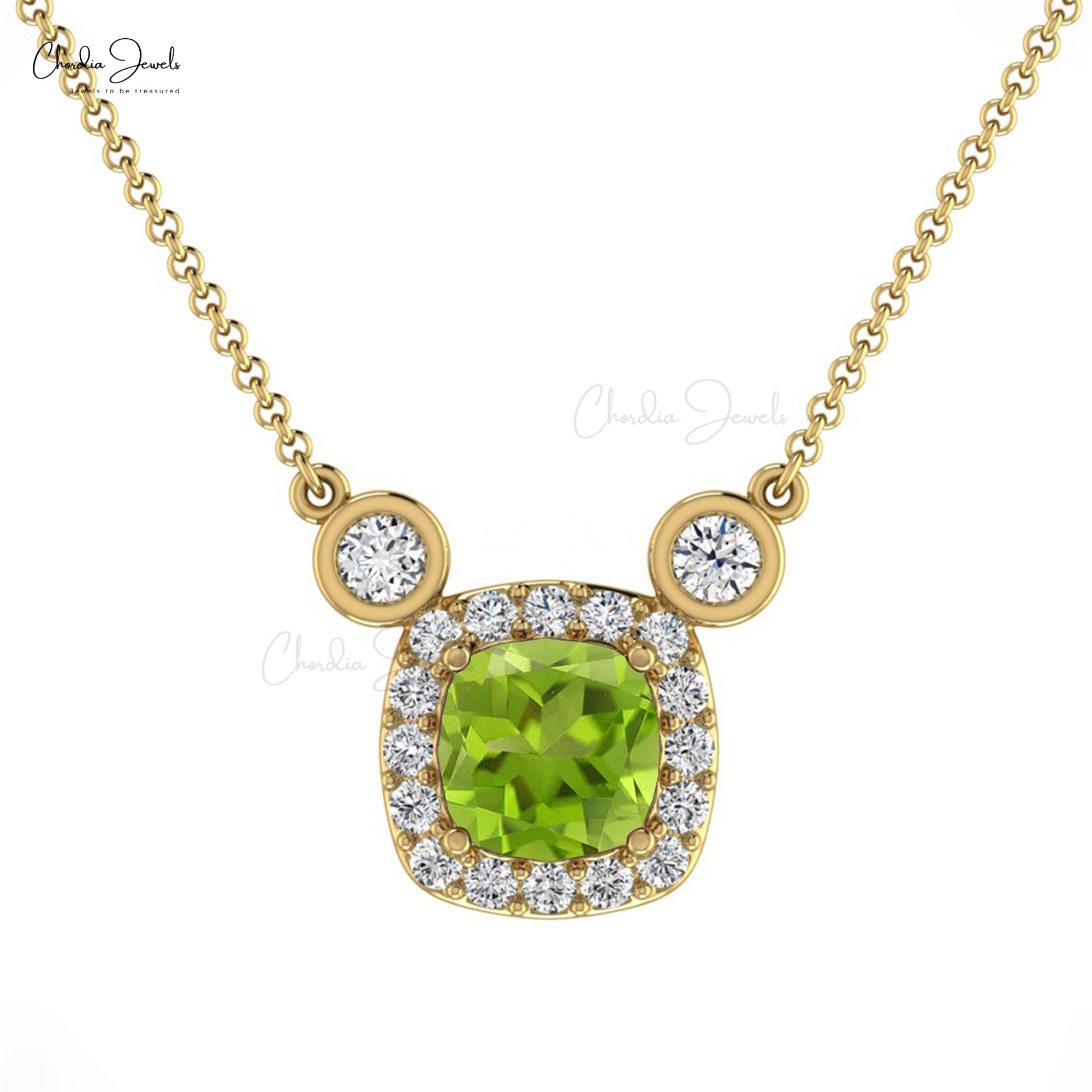 Natural Peridot Halo Necklace With 4mm Gemstone And Diamond 14k Real Gold Jewelry