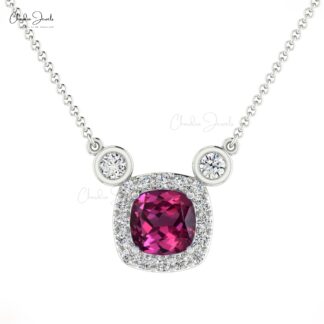 Natural Rhodolite Garnet 14k Solid Gold Diamond Halo Necklace