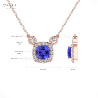 Natural Tanzanite & Diamond Halo Necklace In 14k Solid Gold
