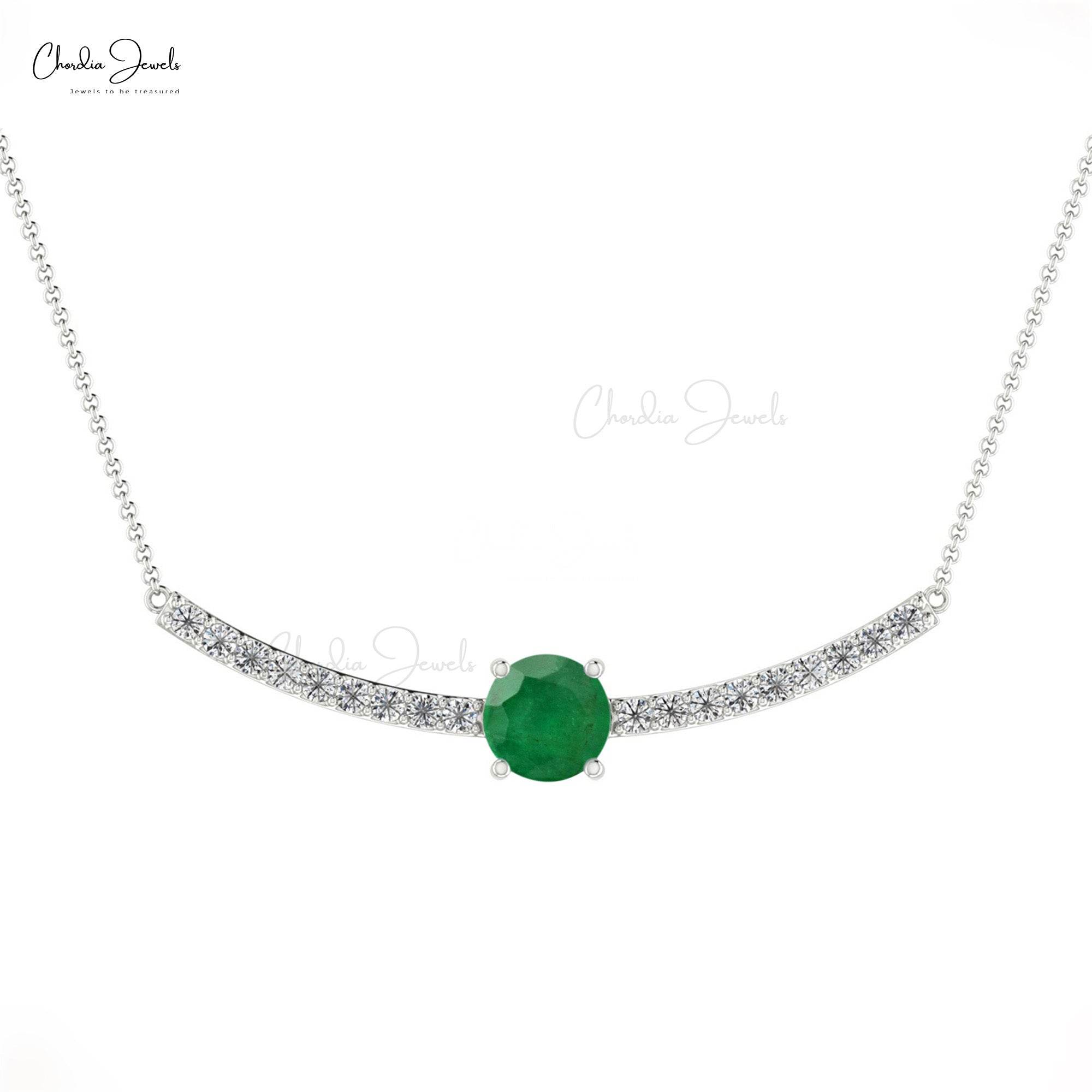 Genuine 0.5ct Emerald Statement Necklace 14k Real Gold Diamond Accents Birthstone Necklace