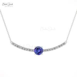 0.49Ct Blue Tanzanite & Diamond Statement Necklace in 14k Real Gold Unique Jewelry