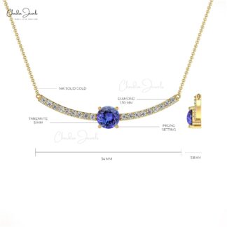 0.49Ct Blue Tanzanite & Diamond Statement Necklace in 14k Real Gold Unique Jewelry