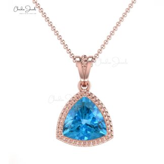 Dangling Trillion Pendant With 6mm Swiss Blue Topaz Prong Set In 14k Real Gold Jewelry