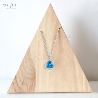 Dangling Trillion Pendant With 6mm Swiss Blue Topaz Prong Set In 14k Real Gold Jewelry