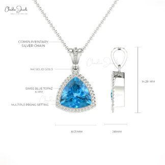 Dangling Trillion Pendant With 6mm Swiss Blue Topaz Prong Set In 14k Real Gold Jewelry