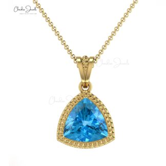 Dangling Trillion Pendant With 6mm Swiss Blue Topaz Prong Set In 14k Real Gold Jewelry