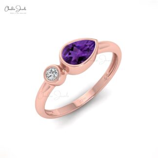 Genuine 6x4mm Amethyst & Diamond Ring 14k Solid Gold February Birthstone Band For Gift