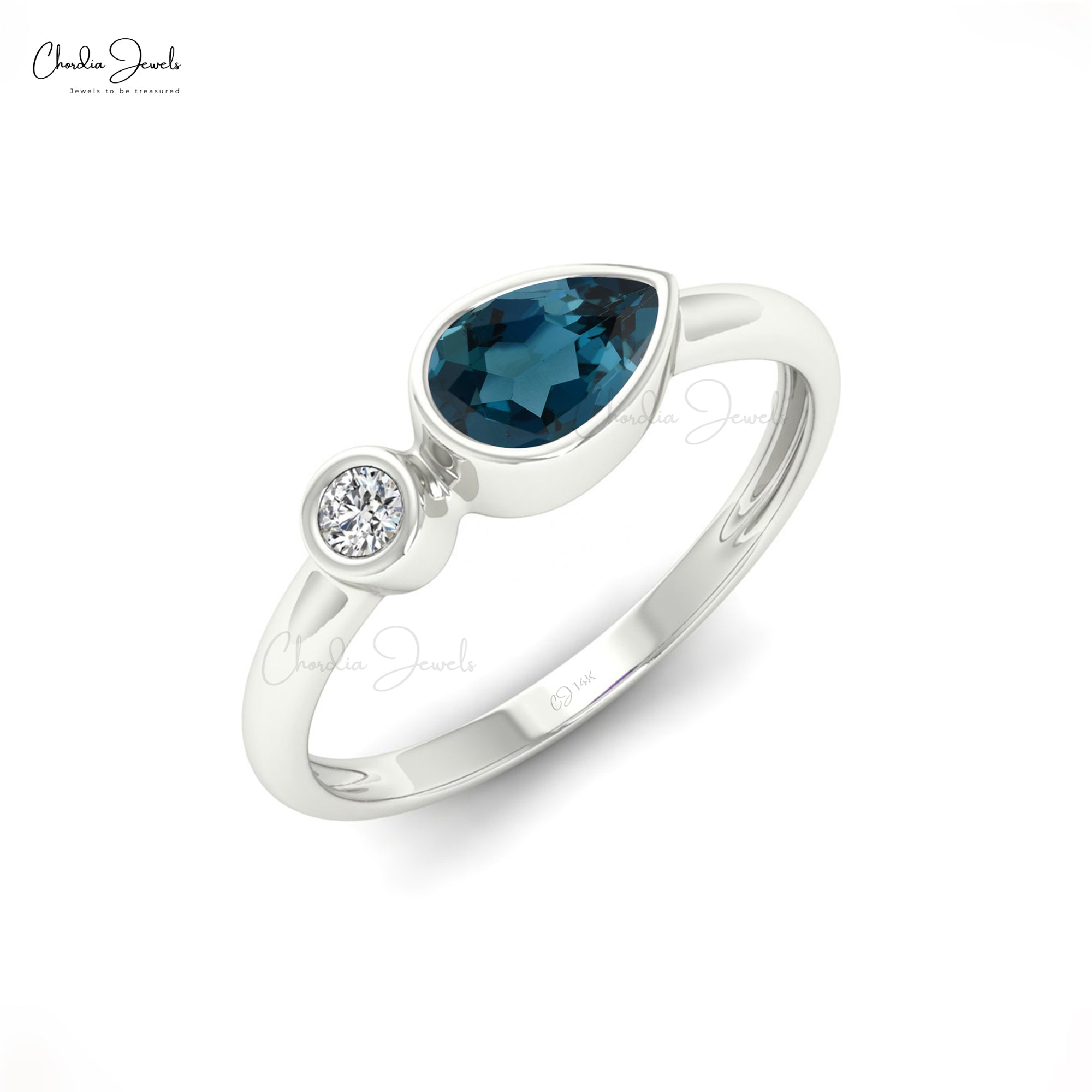 Pure 14k Gold Diamond Ring In 6x4mm London Blue Topaz Two Stone Engagement Rings