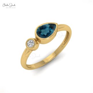 Pure 14k Gold Diamond Ring In 6x4mm London Blue Topaz Two Stone Engagement Rings