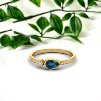 Pure 14k Gold Diamond Ring In 6x4mm London Blue Topaz Two Stone Engagement Rings