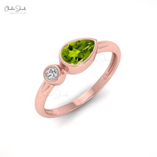 Pear Cut Peridot Bezel Set Ring in Solid 14k Gold Gemstone And Diamond 2 Stone Jewelry