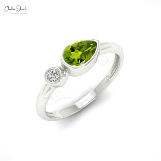 Pear Cut Peridot Bezel Set Ring in Solid 14k Gold Gemstone And Diamond 2 Stone Jewelry