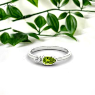 Pear Cut Peridot Bezel Set Ring in Solid 14k Gold Gemstone And Diamond 2 Stone Jewelry
