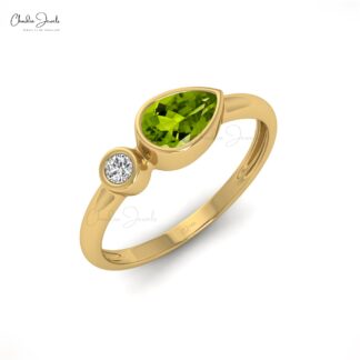 Pear Cut Peridot Bezel Set Ring in Solid 14k Gold Gemstone And Diamond 2 Stone Jewelry